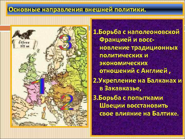 Основные направления внешней политики. 1. Борьба с наполеоновской Францией и воссновление традиционных политических и
