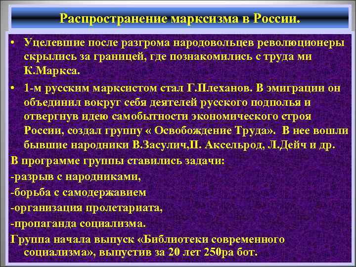 Распространение марксизма в России. • Уцелевшие после разгрома народовольцев революционеры скрылись за границей, где