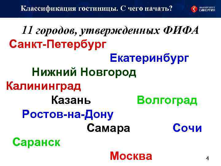 Классификация гостиницы. С чего начать? 11 городов, утвержденных ФИФА Санкт-Петербург Екатеринбург Нижний Новгород Калининград