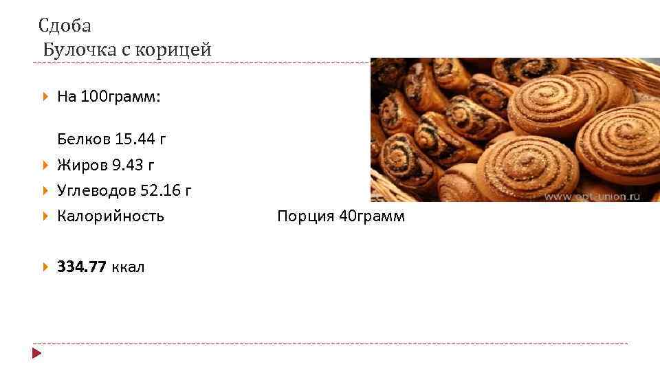 Сдоба Булочка с корицей На 100 грамм: Белков 15. 44 г Жиров 9. 43