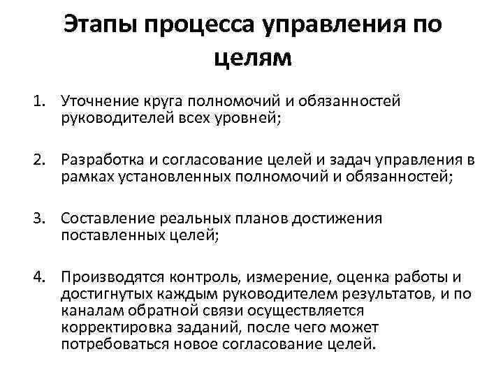 Этапы процесса управления по целям 1. Уточнение круга полномочий и обязанностей руководителей всех уровней;