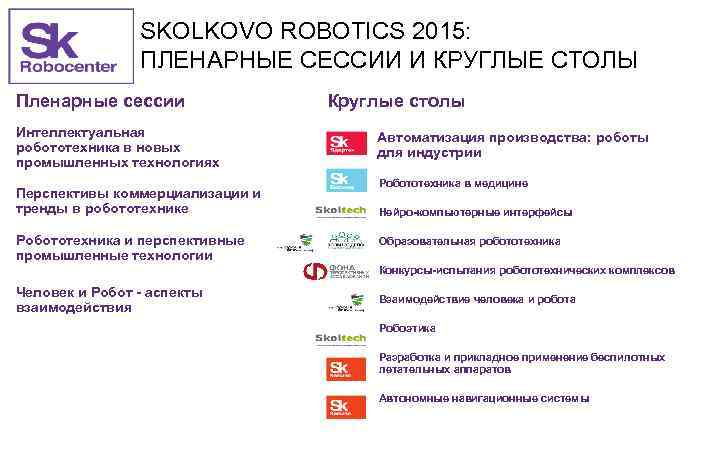 SKOLKOVO ROBOTICS 2015: ПЛЕНАРНЫЕ СЕССИИ И КРУГЛЫЕ СТОЛЫ Пленарные сессии Интеллектуальная робототехника в новых