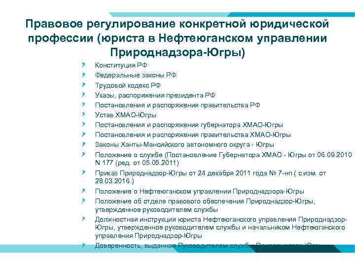 Правовое регулирование конкретной юридической профессии (юриста в Нефтеюганском управлении Природнадзора-Югры) Конституция РФ Федеральные законы