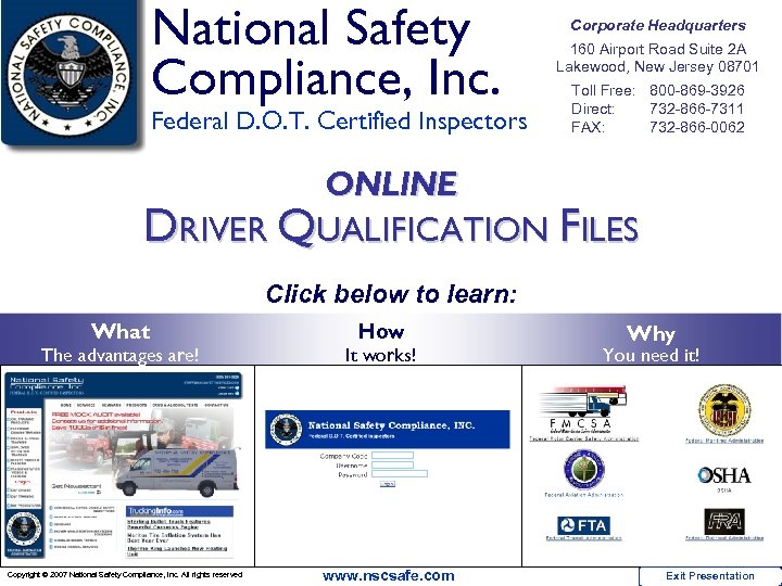 National Safety Compliance, Inc. Federal D. O. T. Certified Inspectors Corporate Headquarters 160 Airport