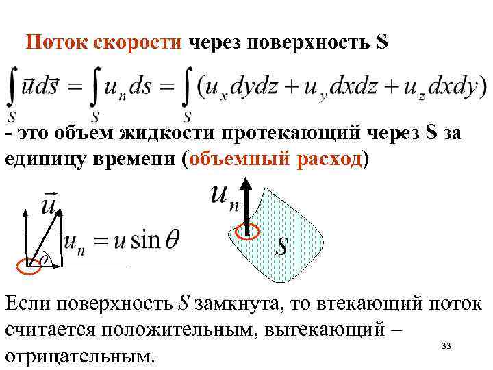 Поток скорости через поверхность S - это объем жидкости протекающий через S за единицу