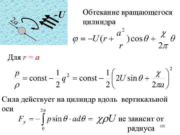 2 a -U Обтекание вращающегося цилиндра Для r = a Сила действует на цилиндр