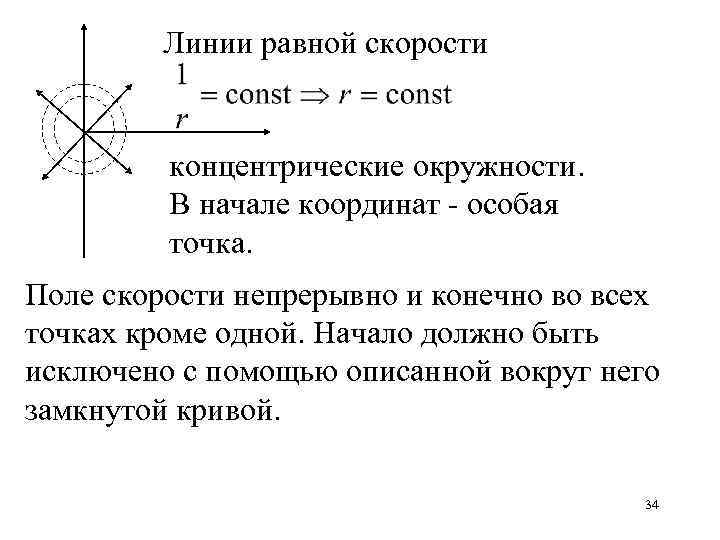 Линии равной скорости концентрические окружности. В начале координат - особая точка. Поле скорости непрерывно
