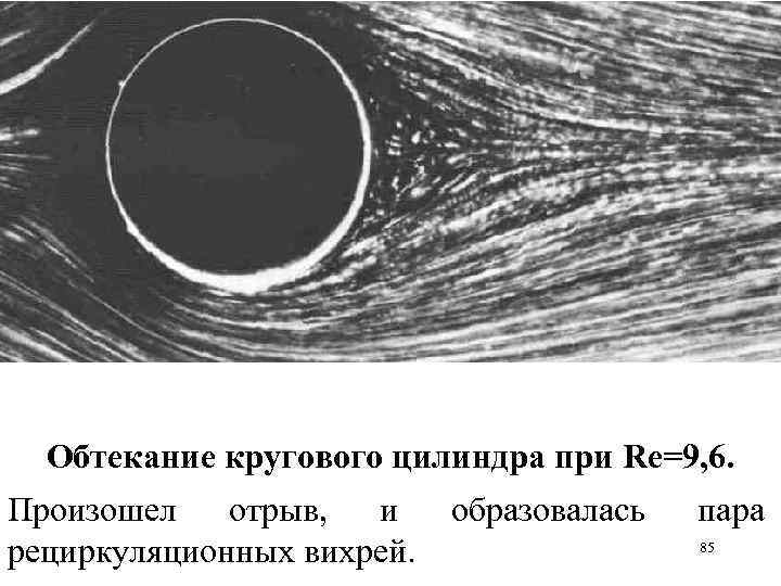 Обтекание кругового цилиндра при Re=9, 6. Произошел отрыв, и рециркуляционных вихрей. образовалась пара 85
