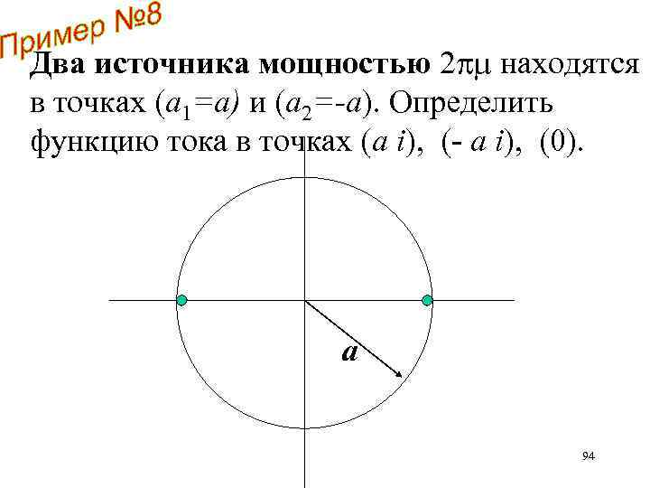 Два источника мощностью 2 находятся в точках (а 1=а) и (а 2=-а). Определить функцию