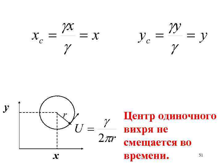 у r х Центр одиночного вихря не смещается во времени. 51 