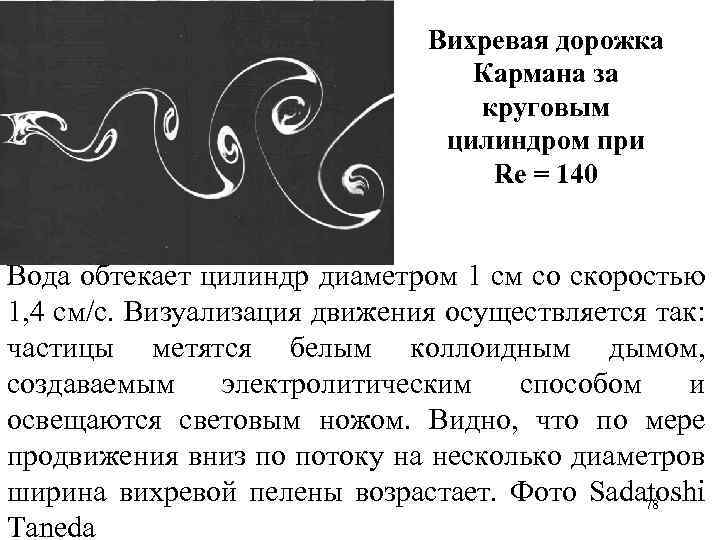 Вихревая дорожка Кармана за круговым цилиндром при Re = 140 Вода обтекает цилиндр диаметром