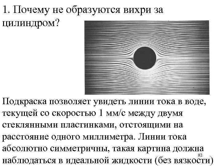 1. Почему не образуются вихри за цилиндром? Подкраска позволяет увидеть линии тока в воде,