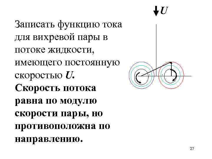 U Записать функцию тока для вихревой пары в потоке жидкости, имеющего постоянную скоростью U.