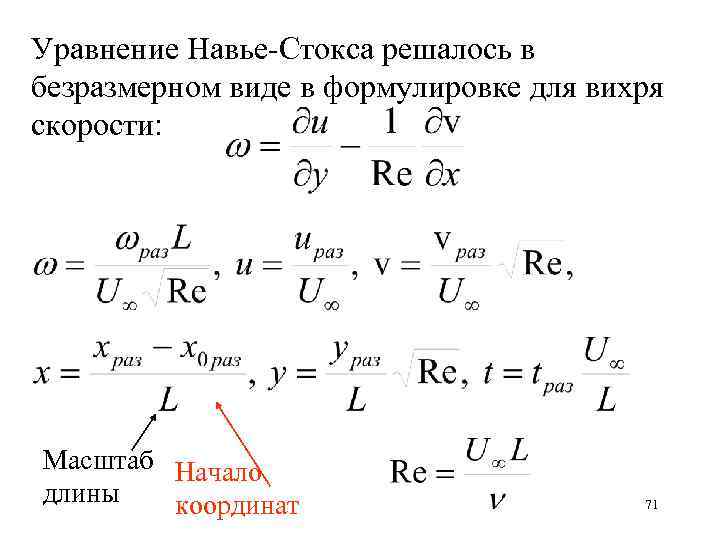 Уравнение Навье-Стокса решалось в безразмерном виде в формулировке для вихря скорости: Масштаб Начало длины