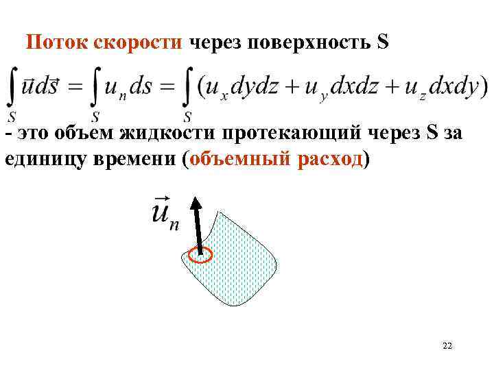 Поток скорости через поверхность S - это объем жидкости протекающий через S за единицу