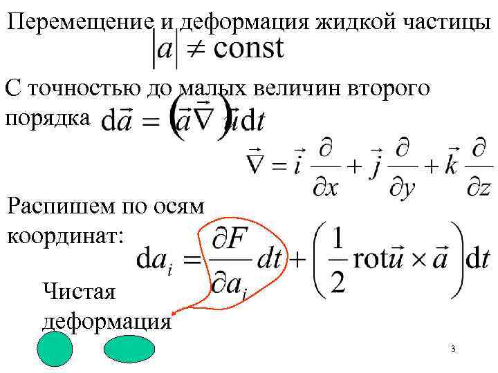 Перемещение и деформация жидкой частицы С точностью до малых величин второго порядка Распишем по