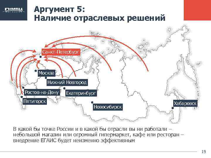 Аргумент 5: Наличие отраслевых решений Санкт-Петербург Москва Нижний Новгород Ростов-на-Дону Пятигорск Екатеринбург Новосибирск Хабаровск