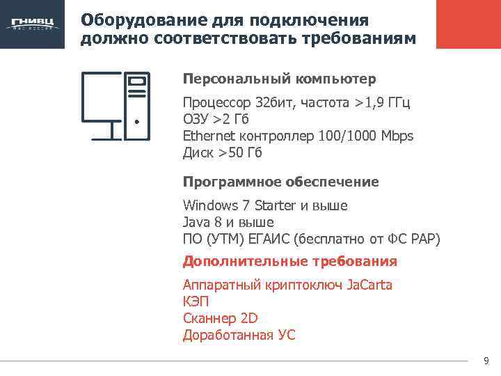 Оборудование для подключения должно соответствовать требованиям Персональный компьютер Процессор 32 бит, частота >1, 9