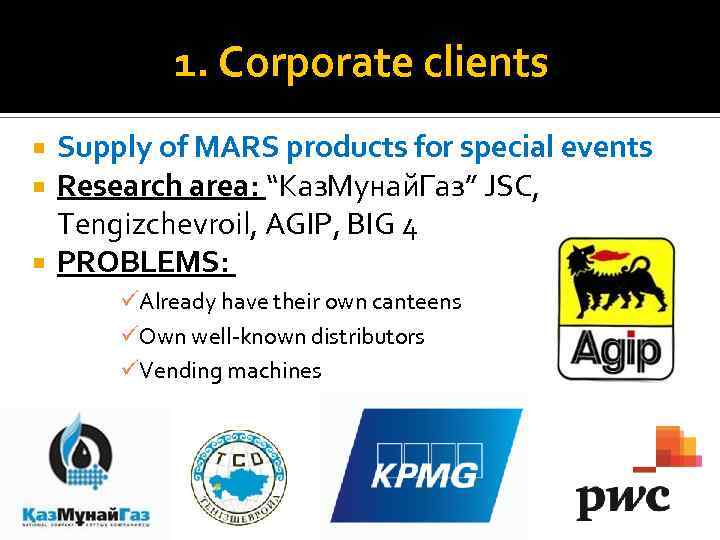 1. Corporate clients Supply of MARS products for special events Research area: “Каз. Мунай.