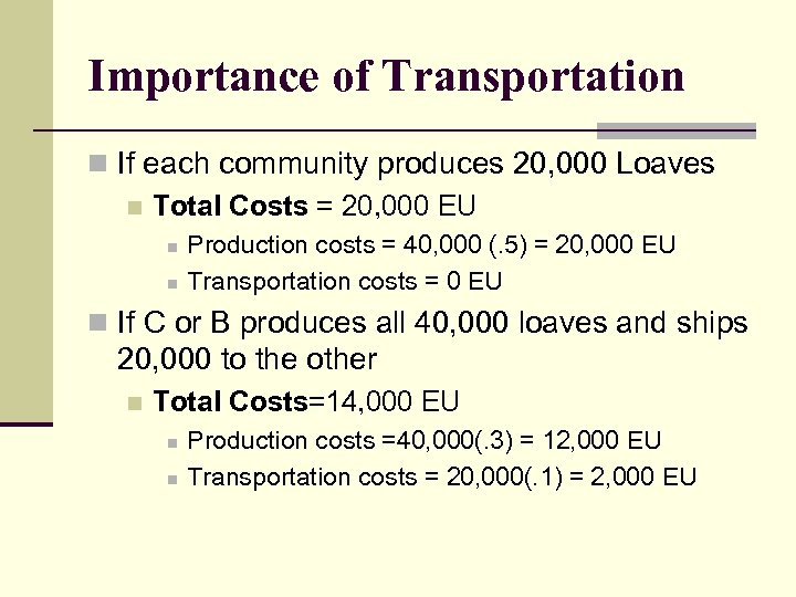 Importance of Transportation n If each community produces 20, 000 Loaves n Total Costs