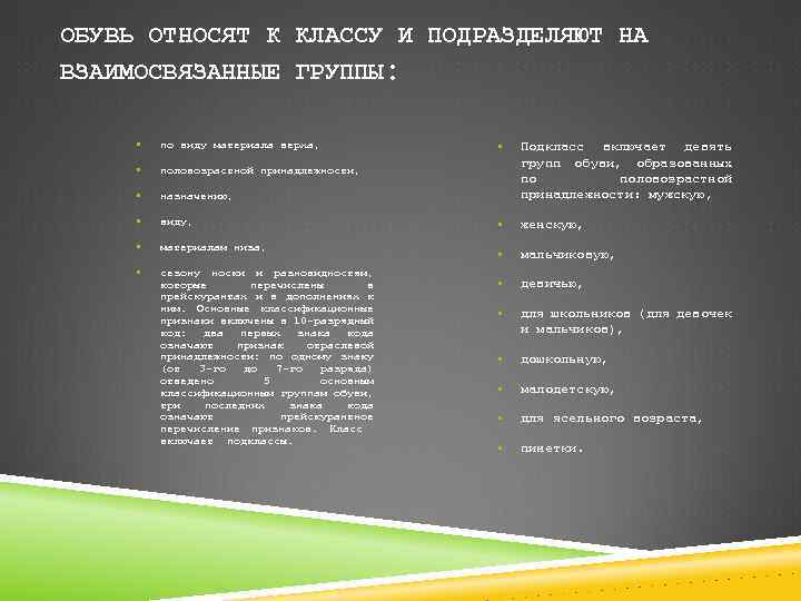 ОБУВЬ ОТНОСЯТ К КЛАССУ И ПОДРАЗДЕЛЯЮТ НА ВЗАИМОСВЯЗАННЫЕ ГРУППЫ: § по виду материала верха,