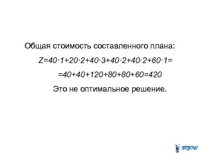 Общая стоимость составленного плана: Z=40· 1+20· 2+40· 3+40· 2+60· 1= =40+40+120+80+80+60=420 Это не оптимальное