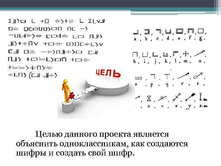 Целью данного проекта является объяснить одноклассникам, как создаются шифры и создать свой шифр. 