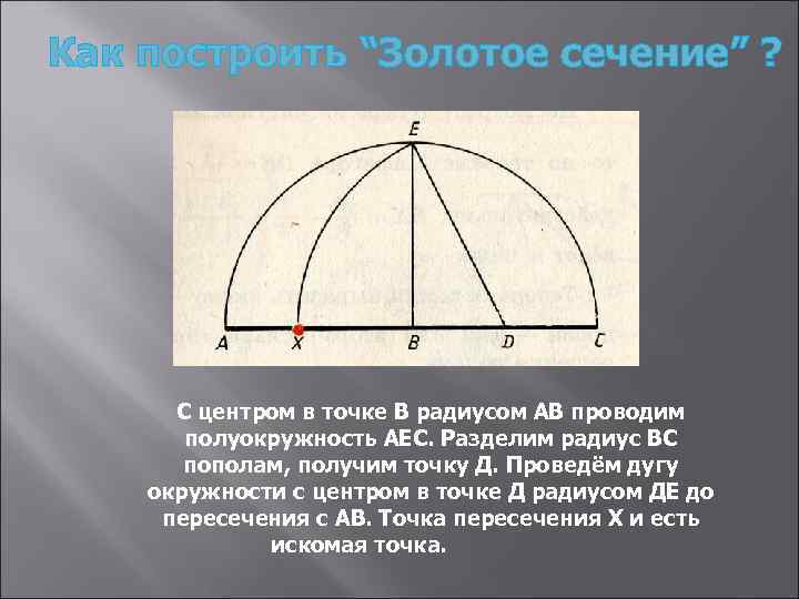 Как построить “Золотое сечение” ? С центром в точке В радиусом АВ проводим полуокружность