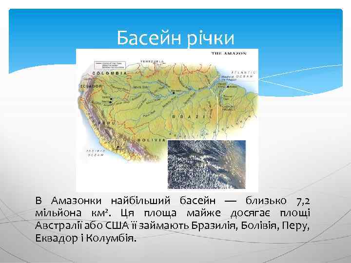 Басейн річки В Амазонки найбільший басейн — близько 7, 2 мільйона км². Ця площа