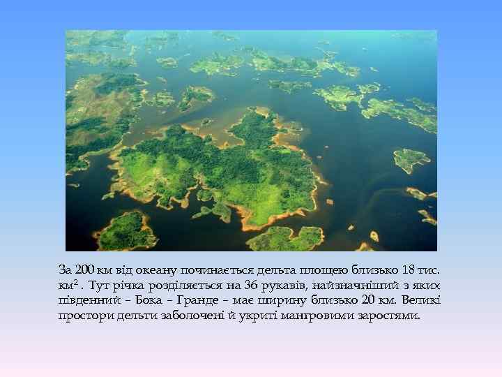 За 200 км від океану починається дельта площею близько 18 тис. км 2. Тут