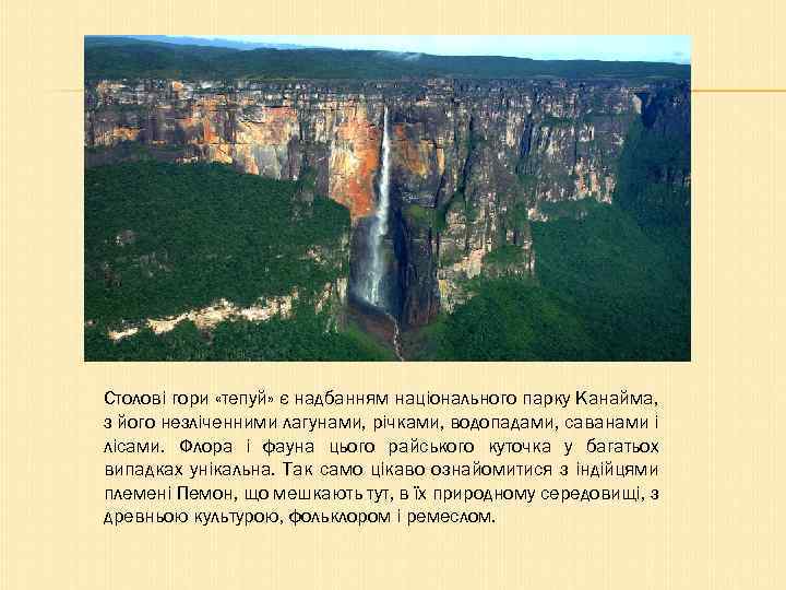 Столові гори «тепуй» є надбанням національного парку Канайма, з його незліченними лагунами, річками, водопадами,