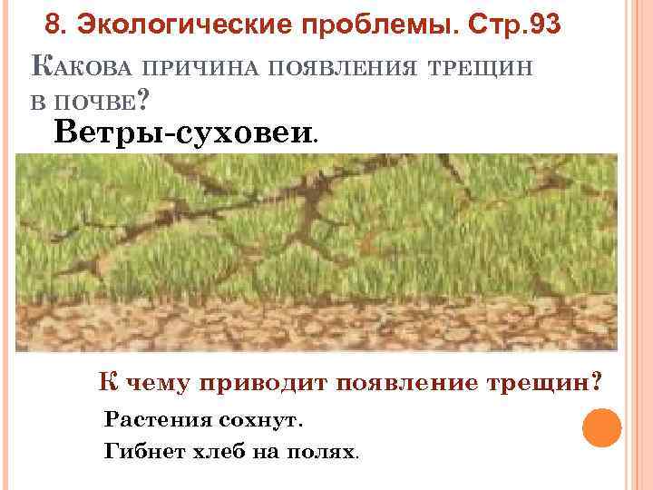8. Экологические проблемы. Стр. 93 КАКОВА ПРИЧИНА ПОЯВЛЕНИЯ ТРЕЩИН В ПОЧВЕ? Ветры-суховеи. К чему