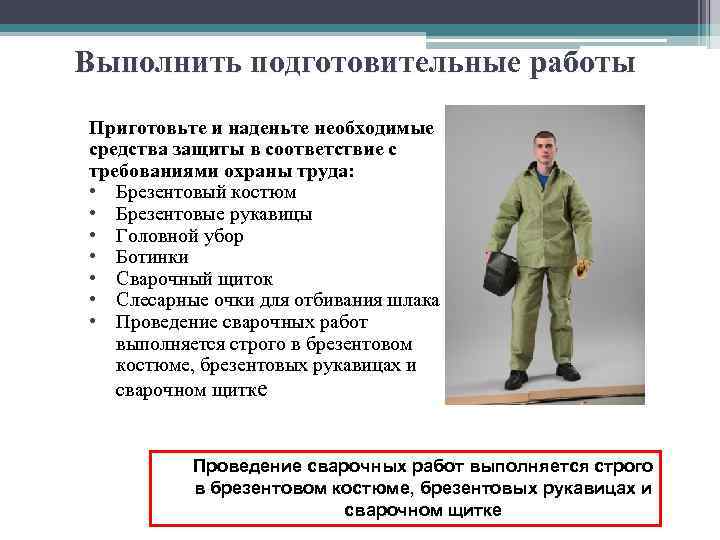 Выполнить подготовительные работы Приготовьте и наденьте необходимые средства защиты в соответствие с требованиями охраны