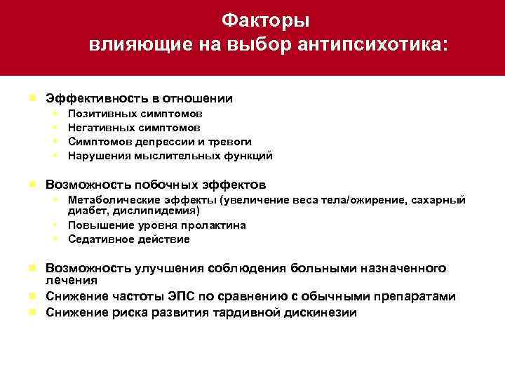 Факторы влияющие на выбор антипсихотика: ¾ Эффективность в отношении w w Позитивных симптомов Негативных