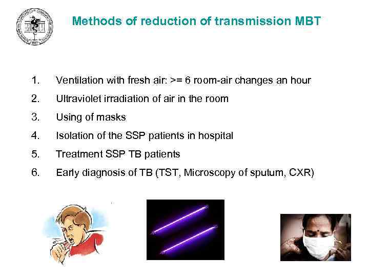 Methods of reduction of transmission MBT 1. Ventilation with fresh air: >= 6 room-air