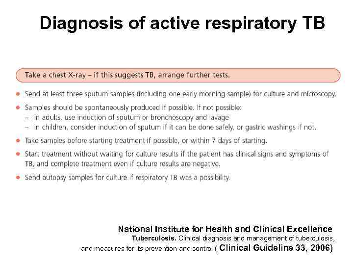 Diagnosis of active respiratory TB National Institute for Health and Clinical Excellence Tuberculosis. Clinical