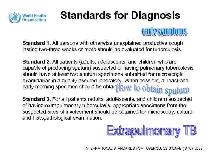 Standards for Diagnosis Standard 1. All persons with otherwise unexplained productive cough lasting two-three