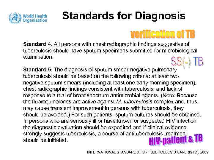 Standards for Diagnosis Standard 4. All persons with chest radiographic findings suggestive of tuberculosis