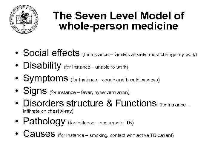 The Seven Level Model of whole-person medicine • • • Social effects (for instance