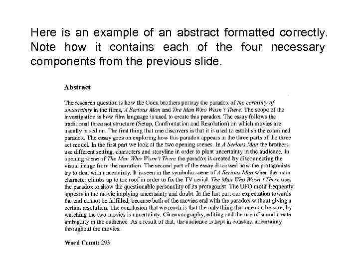 Here is an example of an abstract formatted correctly. Note how it contains each
