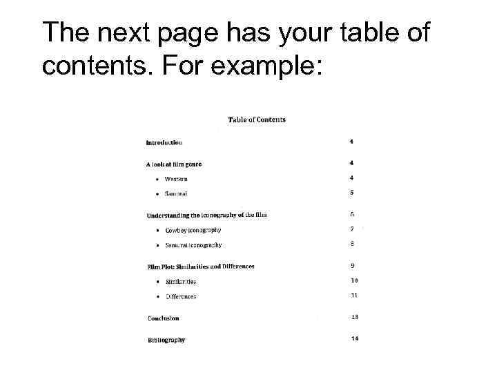 The next page has your table of contents. For example: 