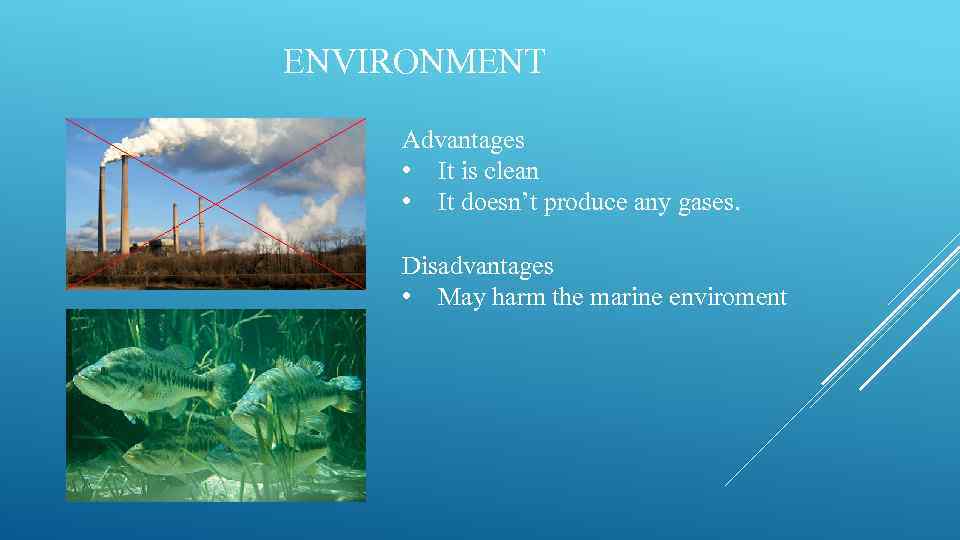 ENVIRONMENT Advantages • It is clean • It doesn’t produce any gases. Disadvantages •