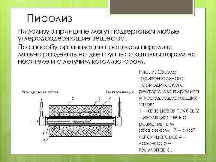 Пиролизу в принципе могут подвергаться любые углеродсодержащие вещества. По способу организации процессы пиролиза можно