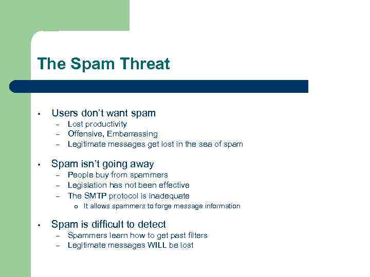 The Spam Threat • Users don’t want spam – – – • Lost productivity