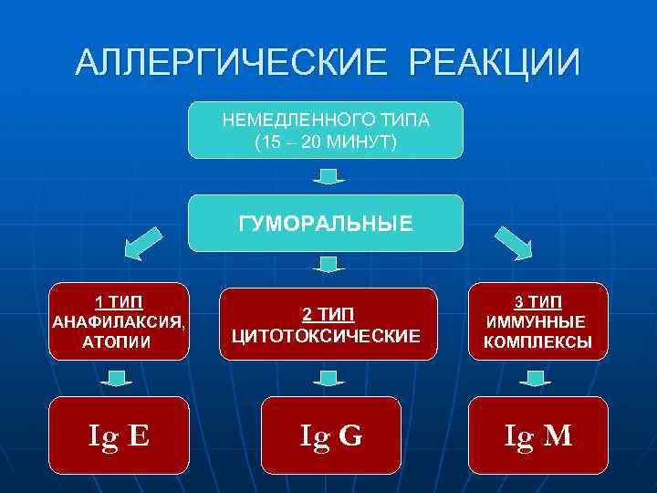 АЛЛЕРГИЧЕСКИЕ РЕАКЦИИ НЕМЕДЛЕННОГО ТИПА (15 – 20 МИНУТ) ГУМОРАЛЬНЫЕ 1 ТИП АНАФИЛАКСИЯ, АТОПИИ Ig