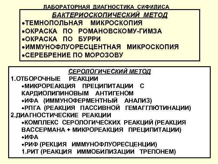 ЛАБОРАТОРНАЯ ДИАГНОСТИКА СИФИЛИСА БАКТЕРИОСКОПИЧЕСКИЙ МЕТОД ТЕМНОПОЛЬНАЯ МИКРОСКОПИЯ ОКРАСКА ПО РОМАНОВСКОМУ-ГИМЗА ОКРАСКА ПО БУРРИ ИММУНОФЛУОРЕСЦЕНТНАЯ