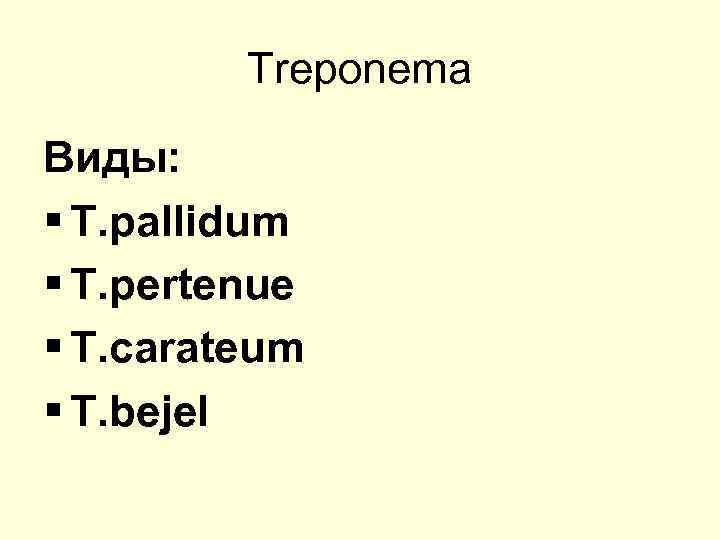 Treponema Виды: § T. pallidum § T. pertenue § T. carateum § T. bejel