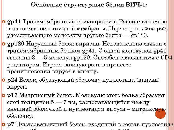 Основные структурные белки ВИЧ-1: gp 41 Трансмембранный гликопротеин. Располагается во внешнем слое липидной мембраны.
