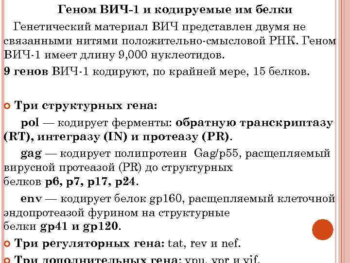 Геном ВИЧ-1 и кодируемые им белки Генетический материал ВИЧ представлен двумя не связанными нитями