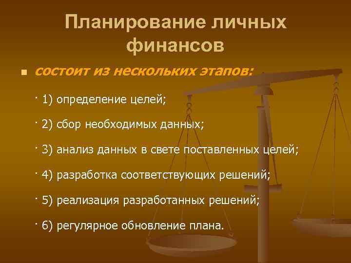 Планирование личных финансов n состоит из нескольких этапов: · 1) определение целей; · 2)